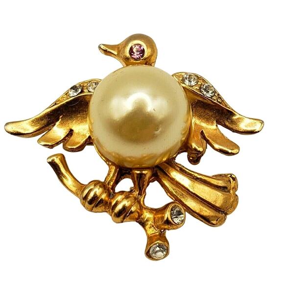 Retro Bird Pin Pearl Body Belly Brooch Gold Vermeil Animal Vtg Perched Branch - Picture 2 of 7